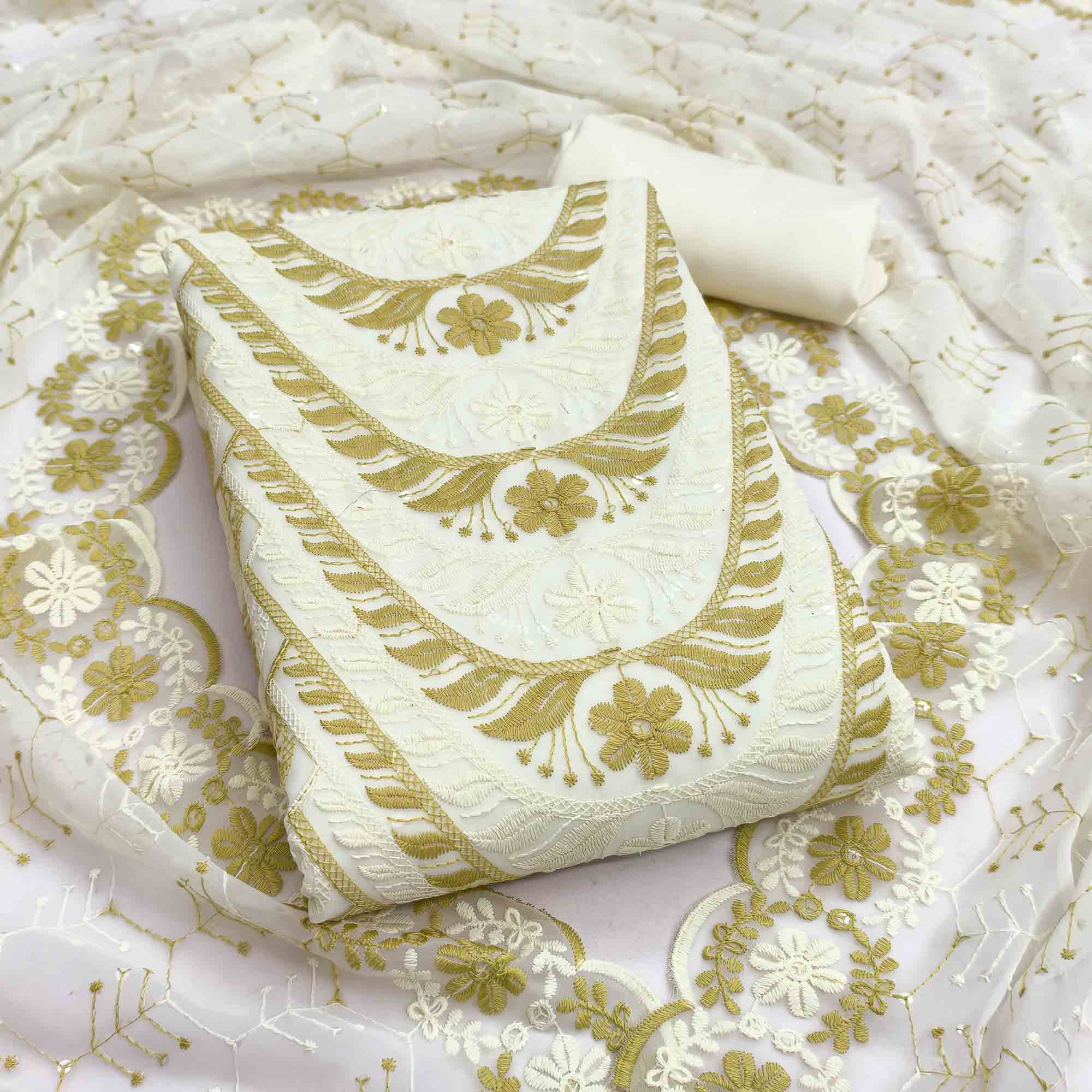 Cream & Olive Heavy Embroidered Georgette Dress Material Enhanced with Floral Resham Dupatta