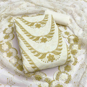 Cream & Olive Heavy Embroidered Georgette Dress Material Enhanced with Floral Resham Dupatta