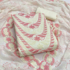 Cream & Pink Heavy Embroidered Georgette Dress Material Enhanced with Floral Resham Dupatta