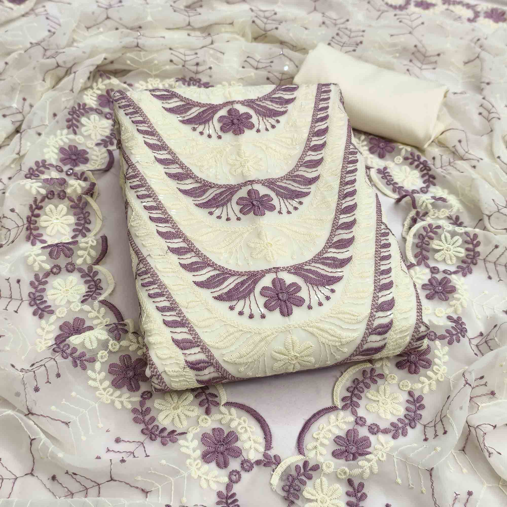 Cream & Purple Heavy Embroidered Georgette Dress Material Enhanced with Floral Resham Dupatta