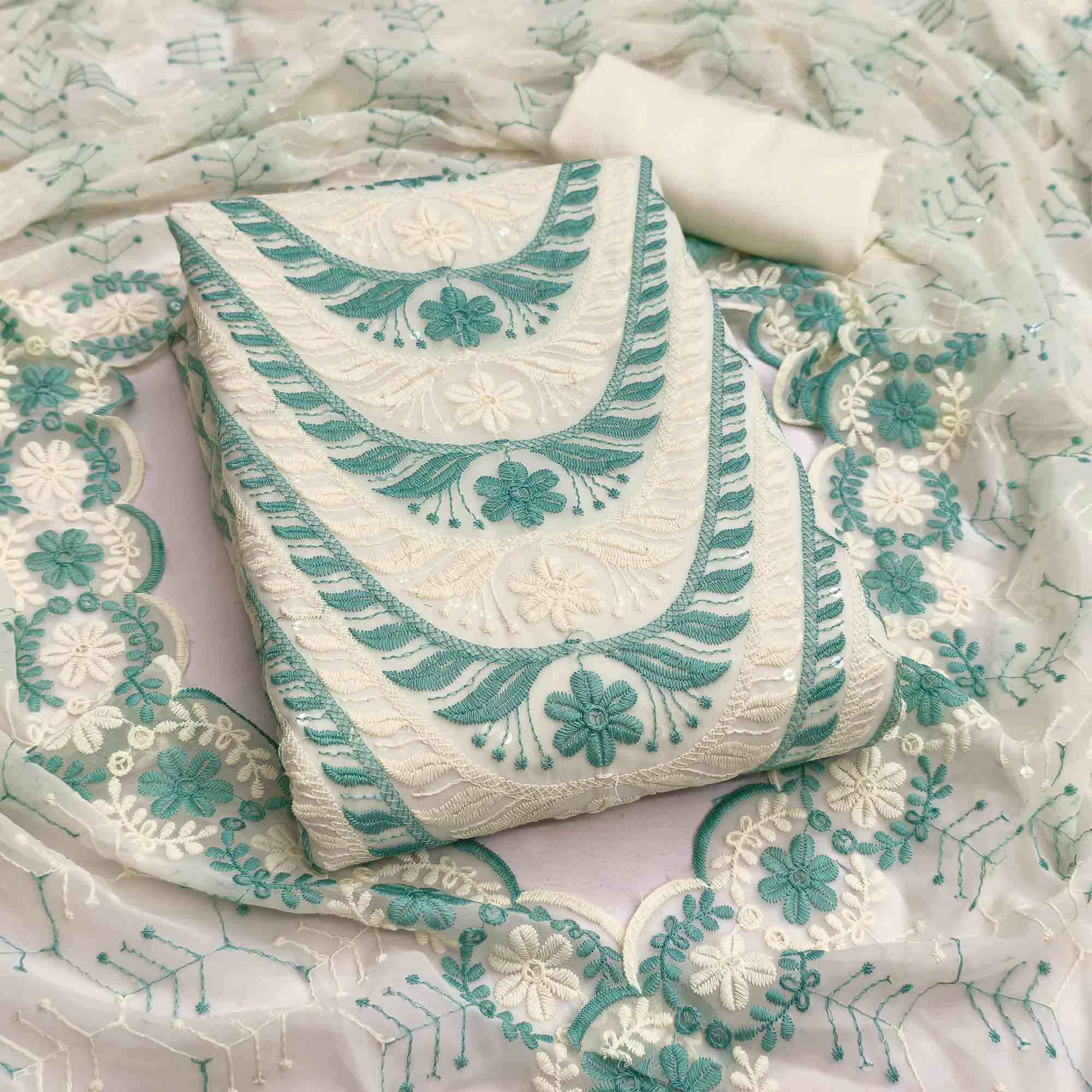 Cream & Rama Green Heavy Embroidered Georgette Dress MaterialEnhanced with Floral Resham Dupatta