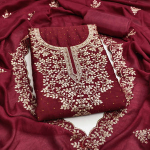 Maroon Floral Motif Vichitra Silk Dress Material Featuring Sequins Embroidery & Swarovski Work