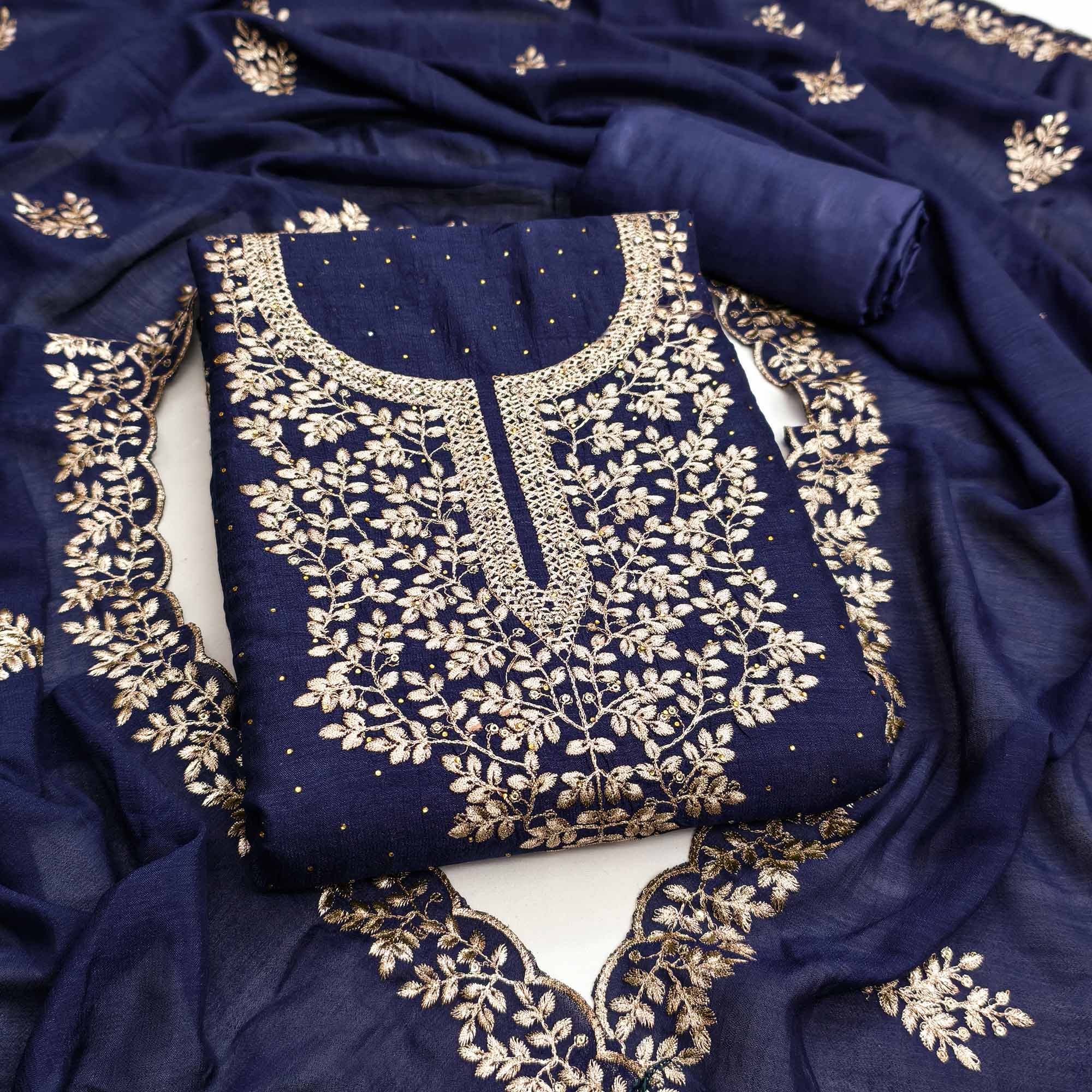 Navy Blue Floral Motif Vichitra Silk Dress Material Featuring Sequins Embroidery & Swarovski Work