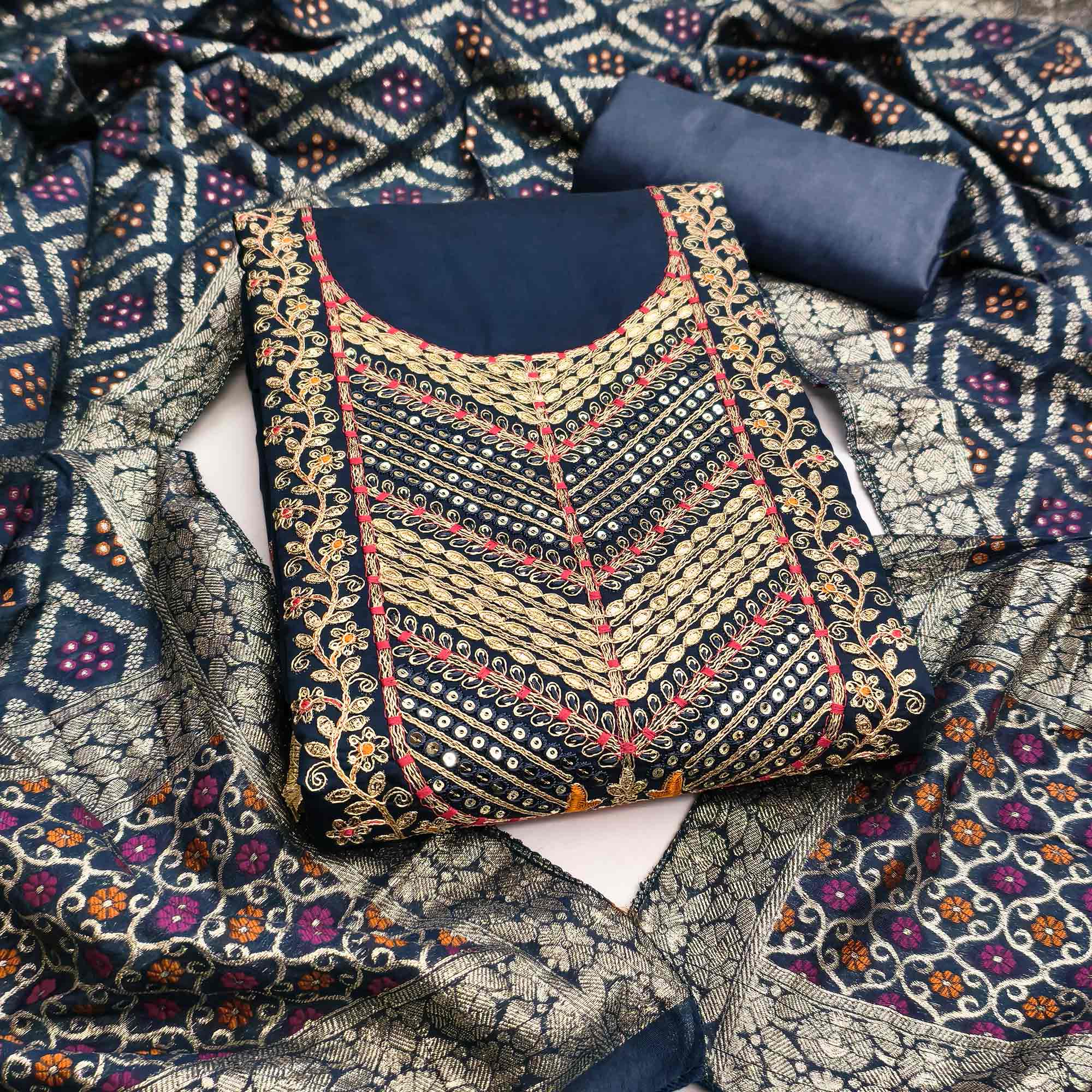 Blue Silk Blend Dress Material Adorned With Floral Cording Embroidery & Elegant Sequins Work