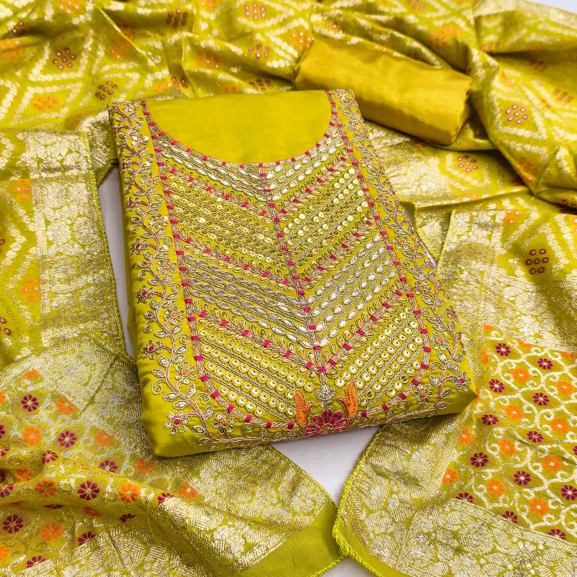 Lemon Yellow Silk Blend Dress Material Adorned With Floral Cording Embroidery & Elegant Sequins