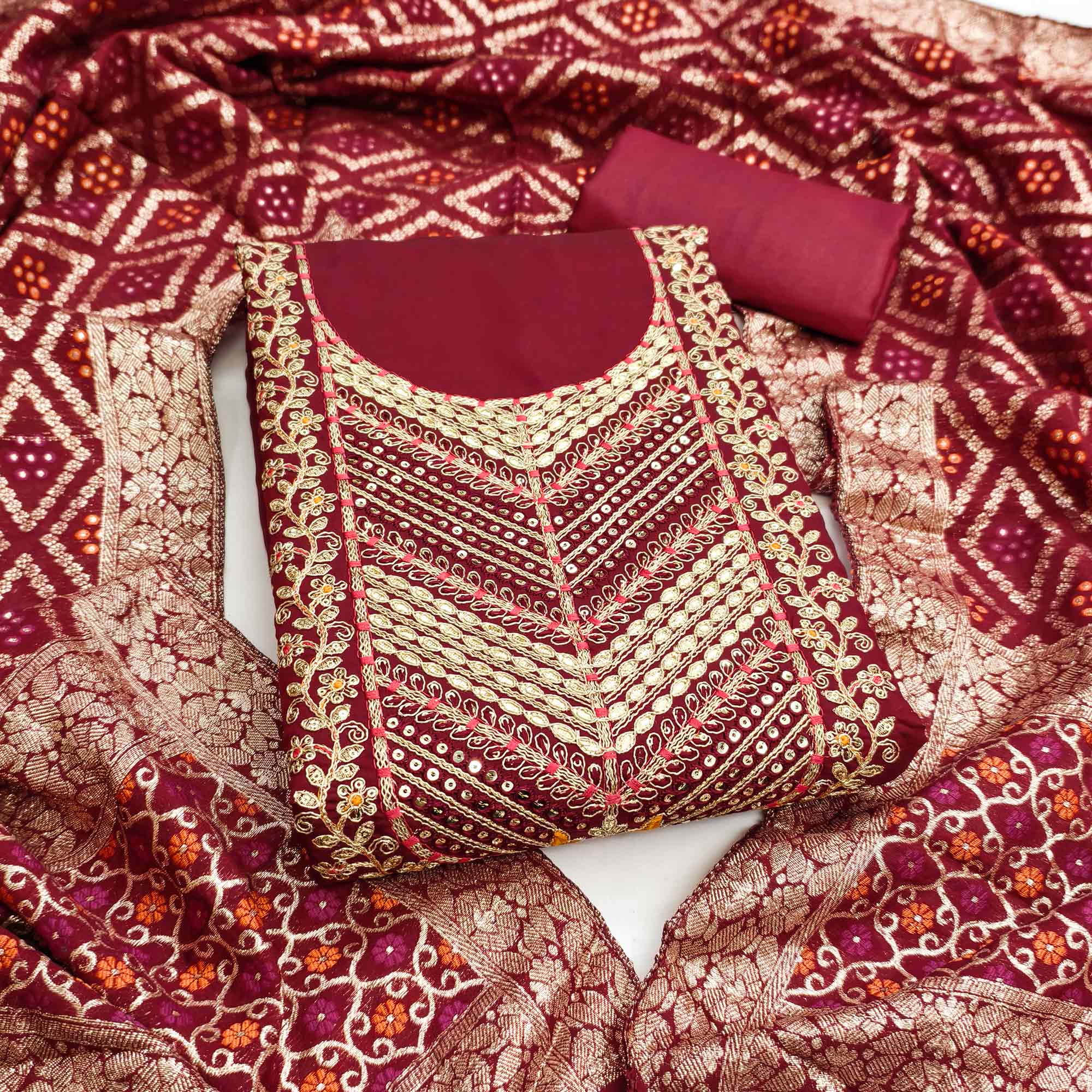 Maroon Silk Blend Dress Material Adorned With Floral Cording Embroidery & Elegant Sequins Work