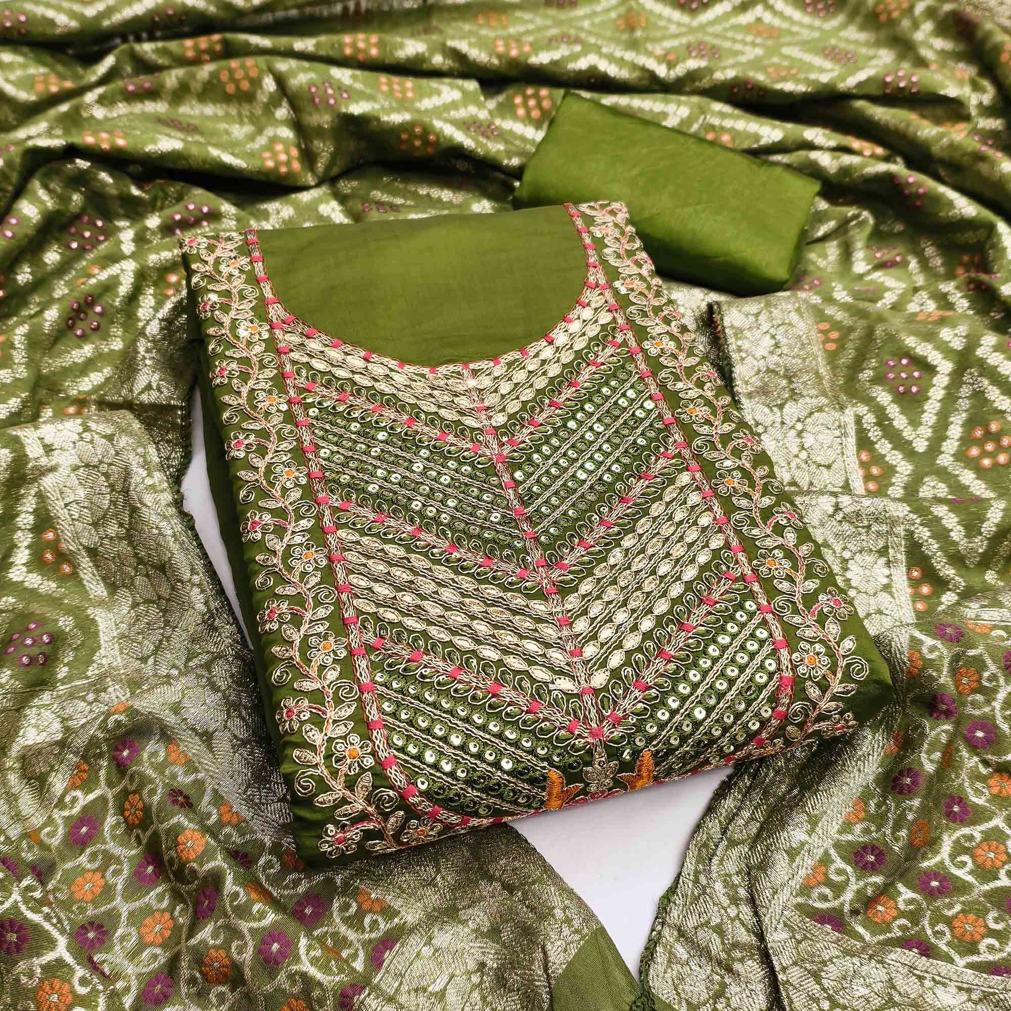 Mehendi Green Silk Blend Dress Material Adorned With Floral Cording Embroidery & Elegant Sequins