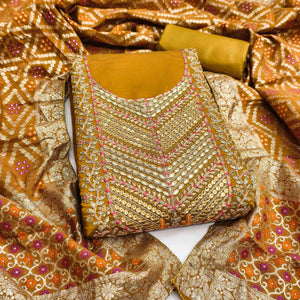 Mustard Silk Blend Dress Material Adorned With Floral Cording Embroidery & Elegant Sequins Work