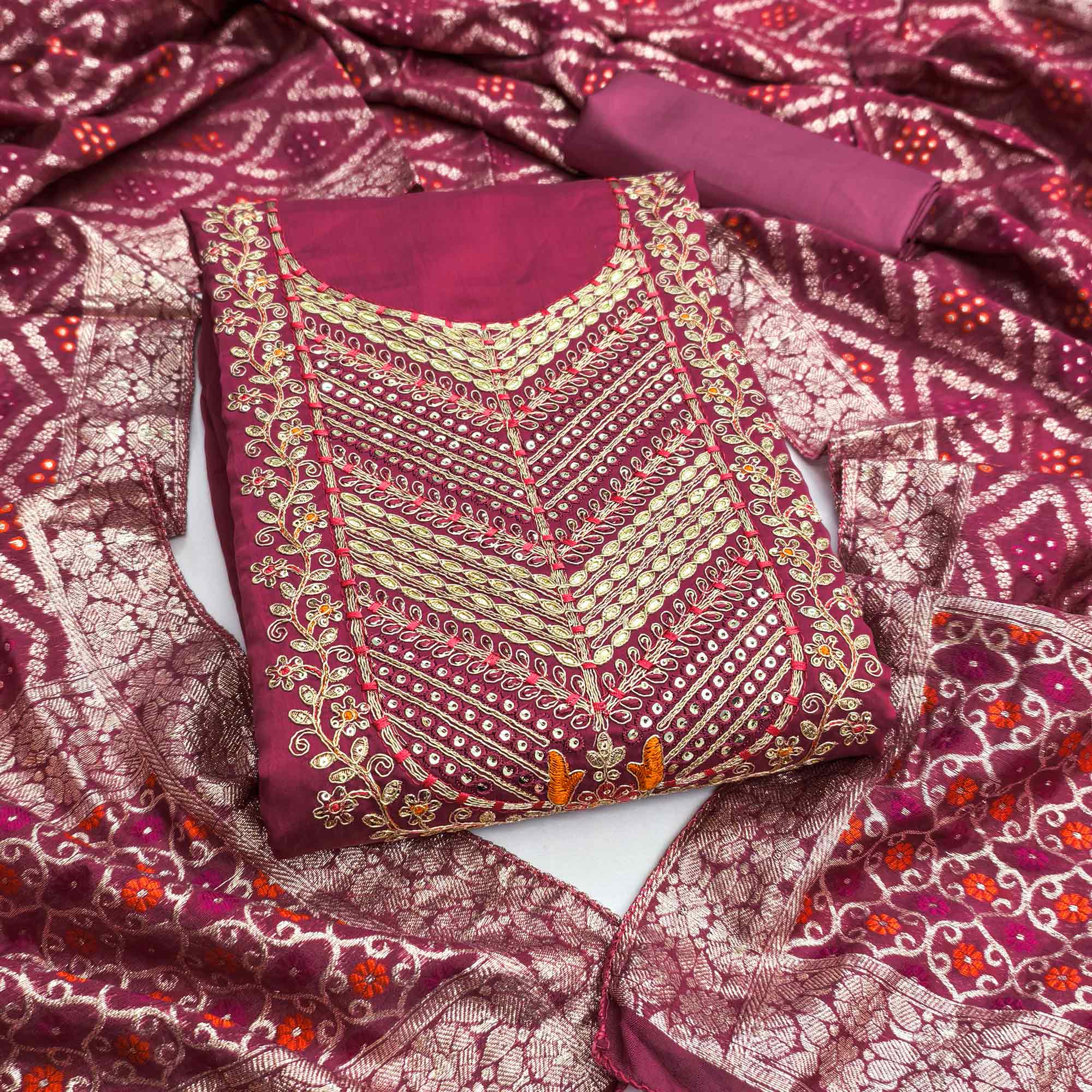 Pink Silk Blend Dress Material Adorned With Floral Cording Embroidery & Elegant Sequins Work