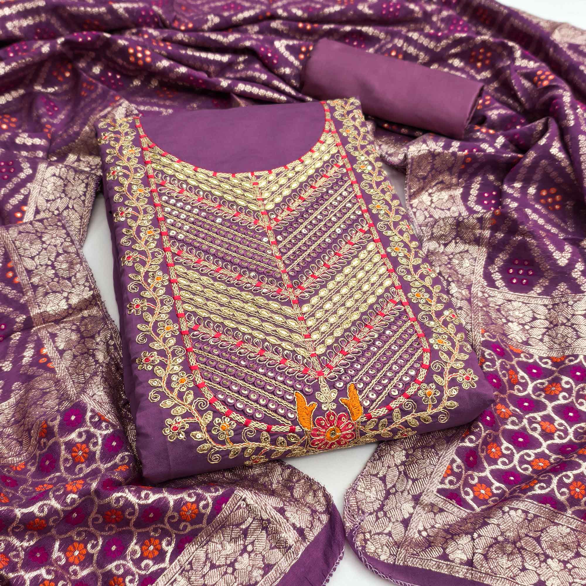 Purple Silk Blend Dress Material Adorned With Floral Cording Embroidery & Elegant Sequins Work