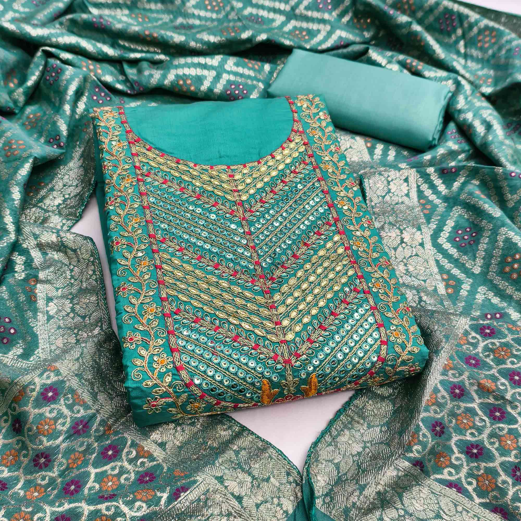 Turquoise Silk Blend Dress Material Adorned With Floral Cording Embroidery & Elegant Sequins Work
