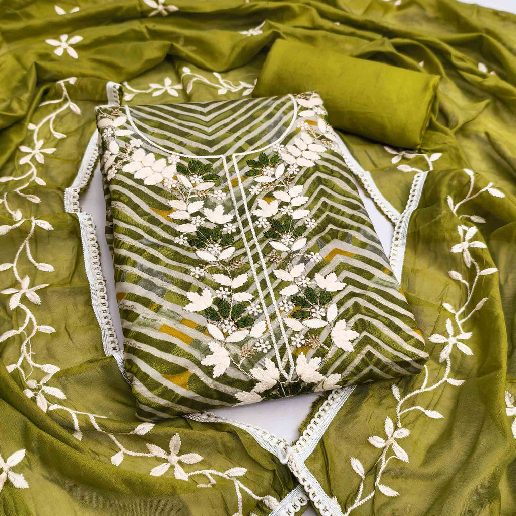 Exclusive Mehendi Green Floral Embroidered Silk Blend Dress Material W