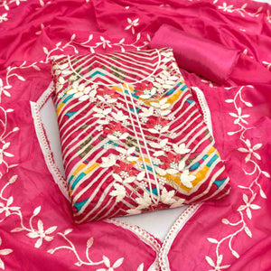 Exclusive Pink Floral Embroidered Silk Blend Dress Material With Artistic Zig Zag Print