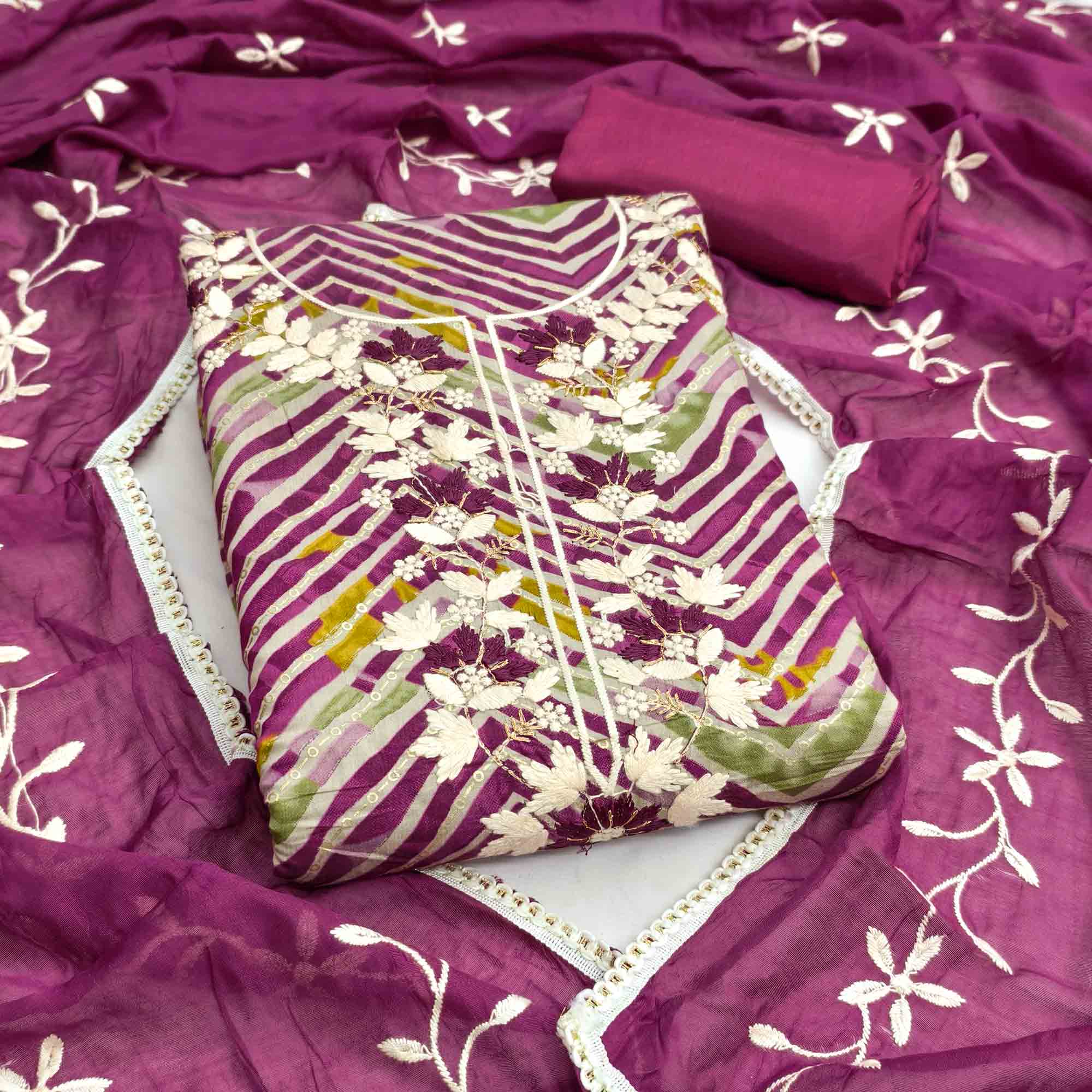 Exclusive Purple Floral Embroidered Silk Blend Dress Material With Artistic Zig Zag Print