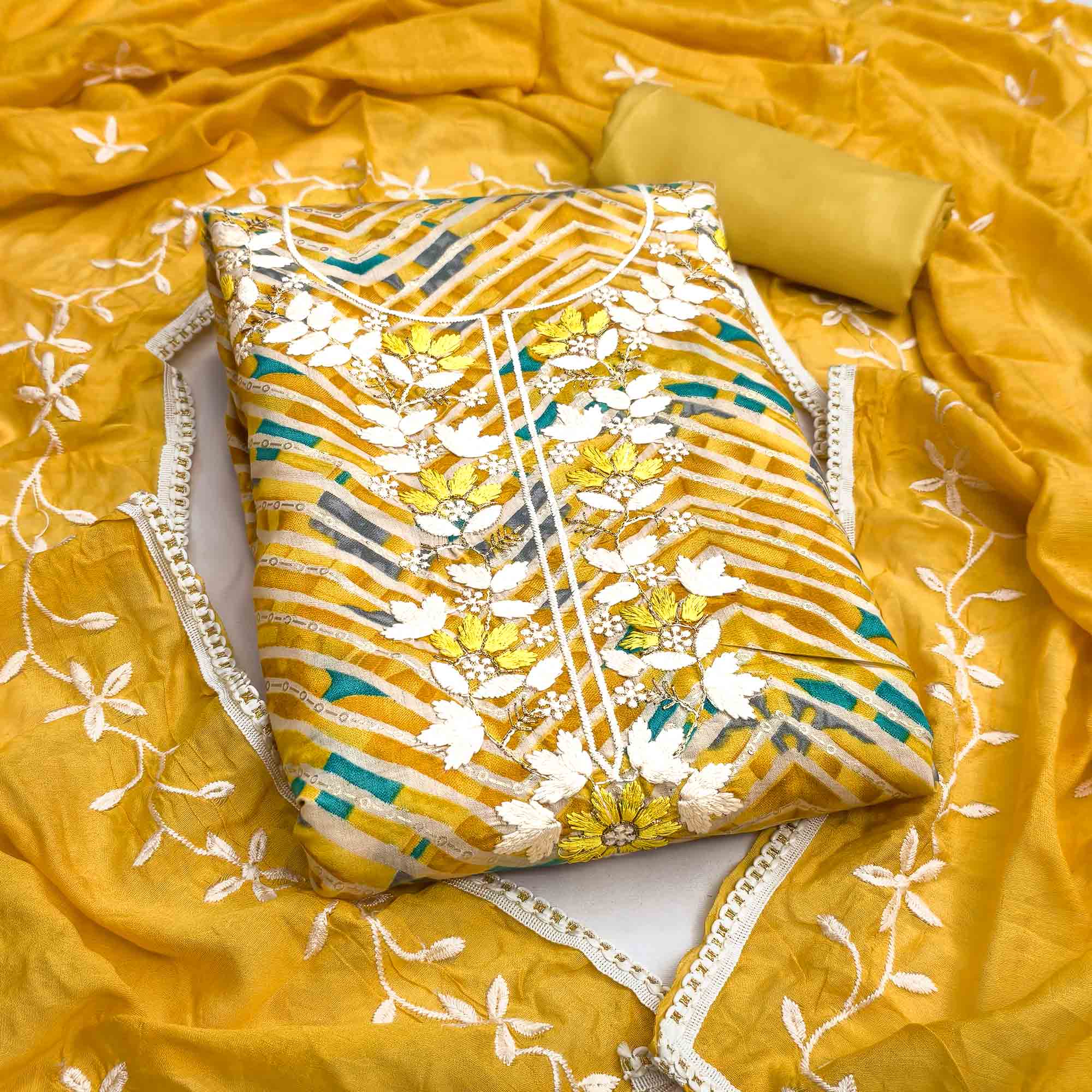 Exclusive Yellow Floral Embroidered Silk Blend Dress Material With Artistic Zig Zag Print