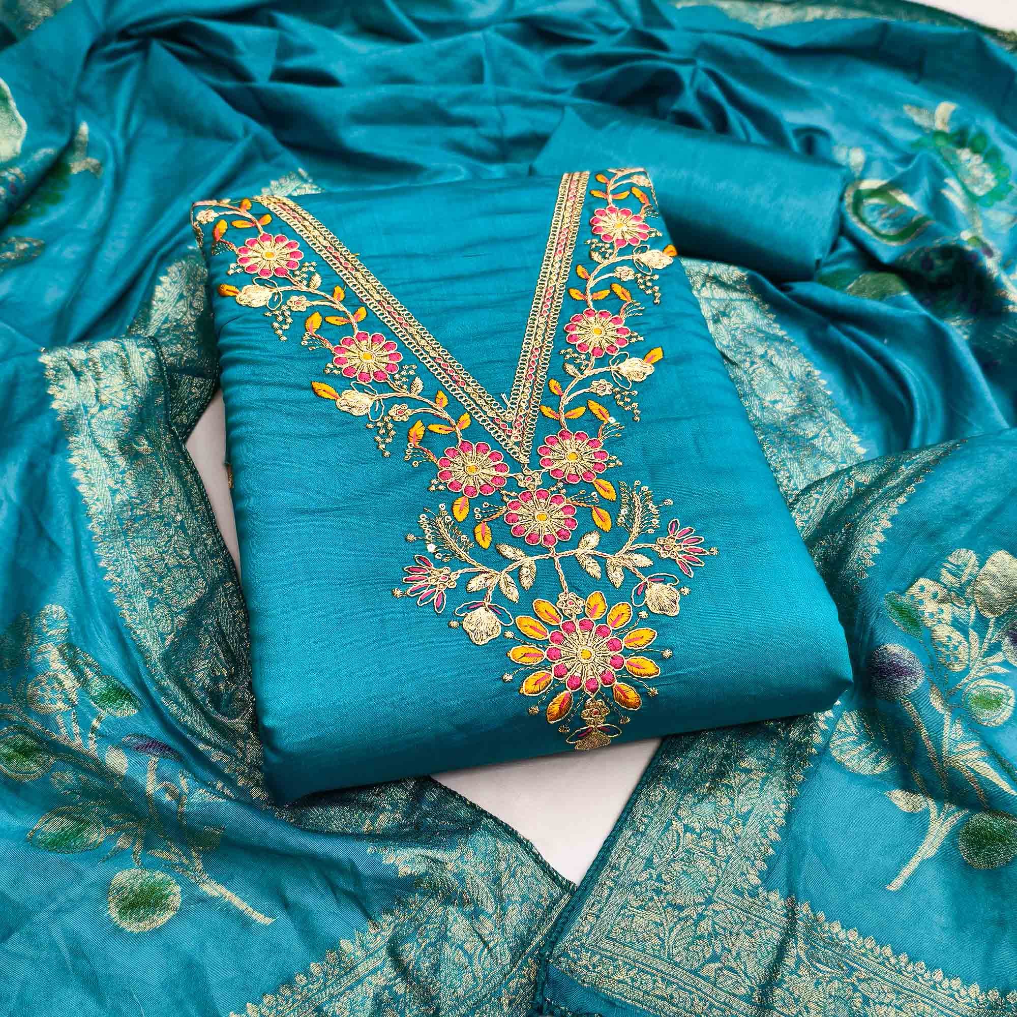 Exclusive Blue Floral Cording Embroidered Silk Blend Dress Material With Luxe Sequins Work