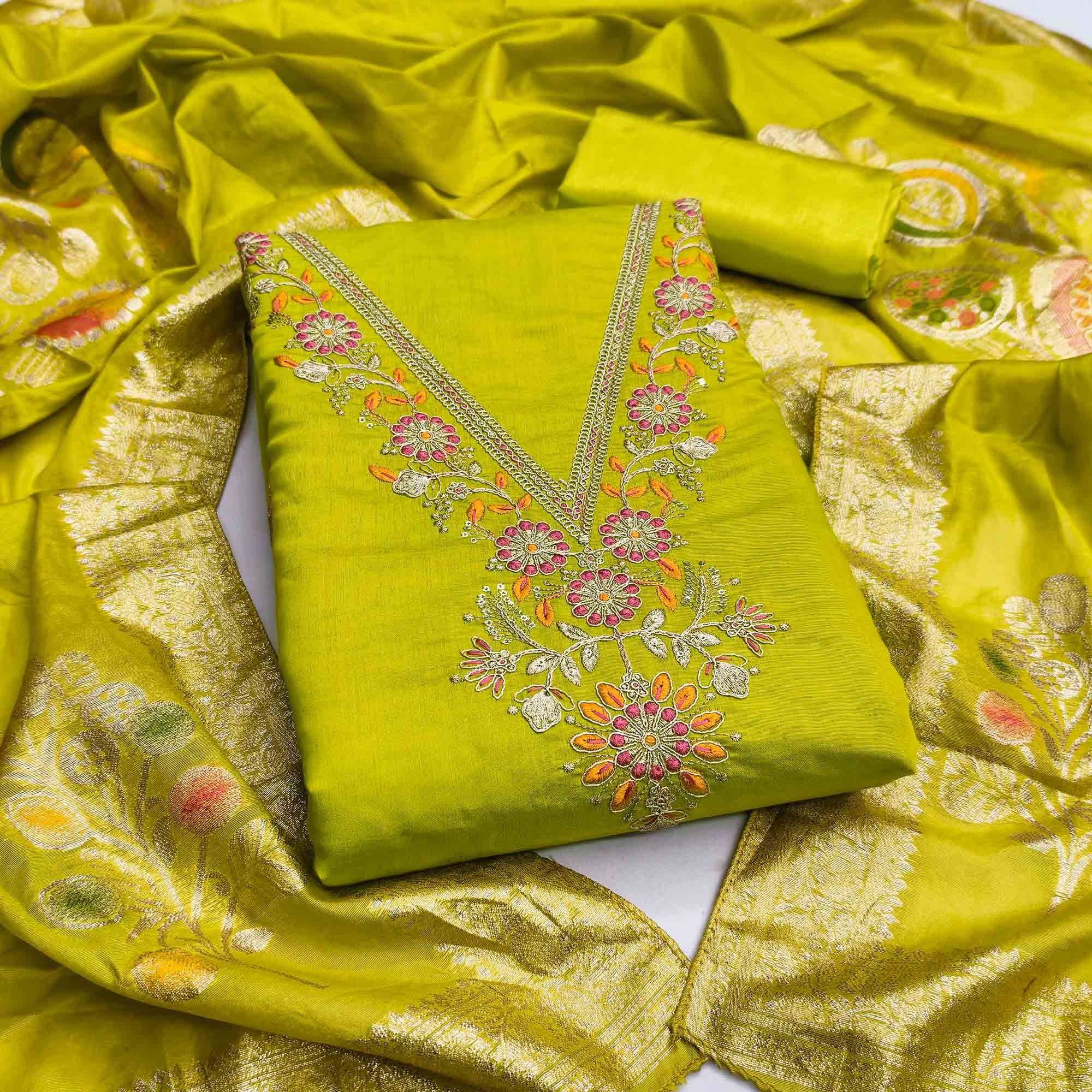 Exclusive Parrot Green Floral Cording Embroidered Silk Blend Dress Material With Luxe Sequins Work