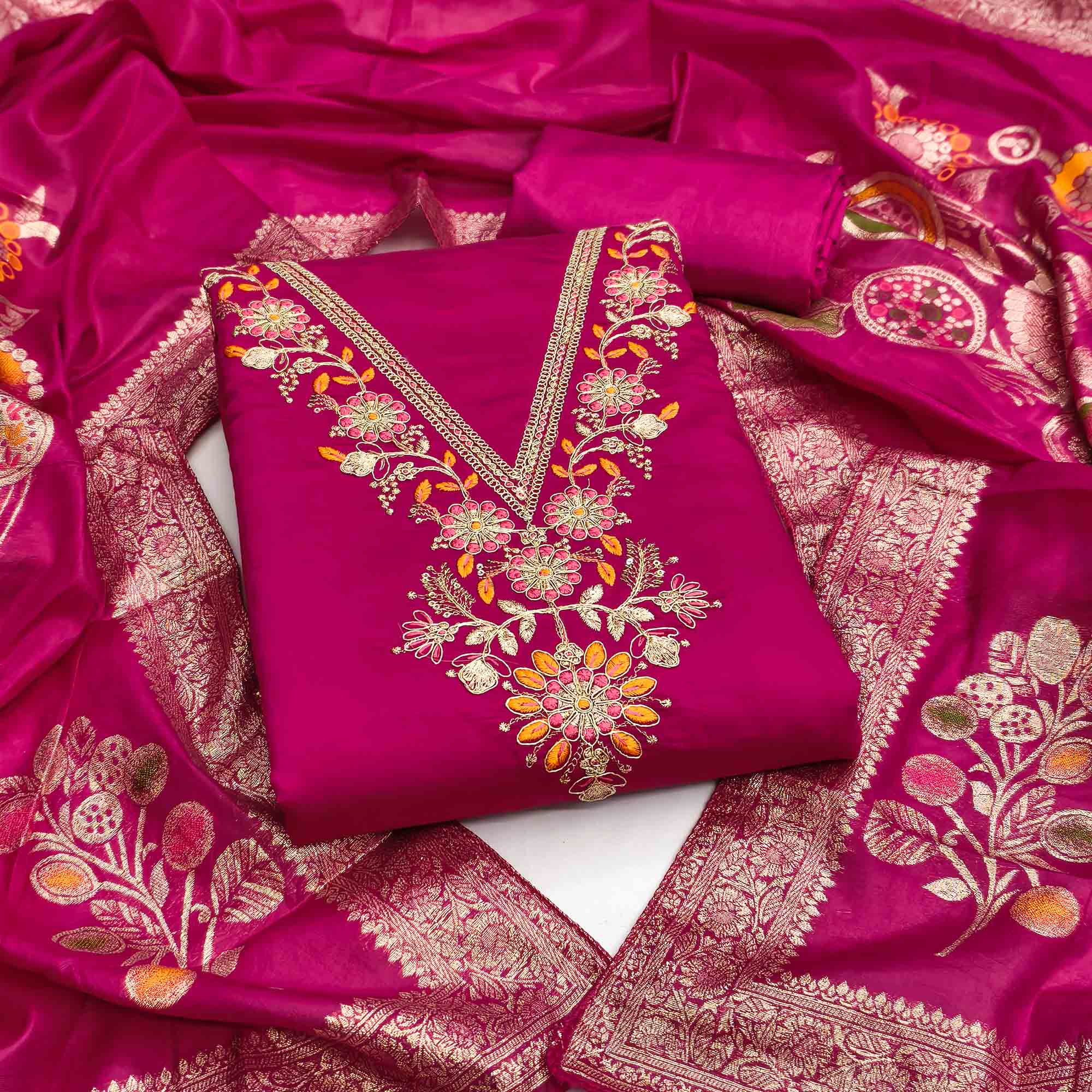 Exclusive Rani Pink Floral Cording Embroidered Silk Blend Dress Material With Luxe Sequins Work