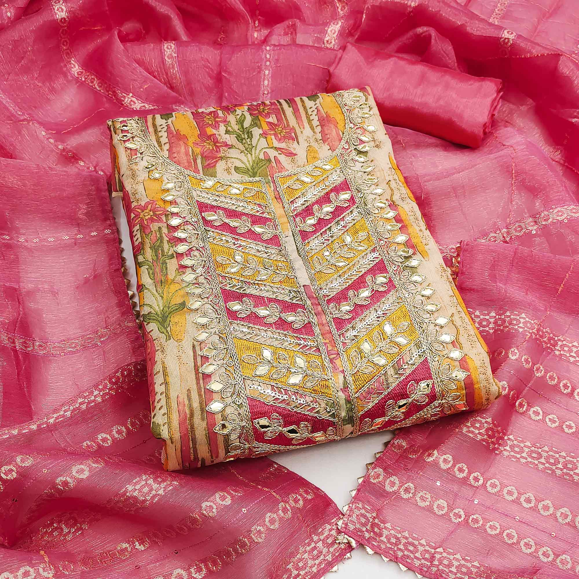 Pink Floral Digital Printed Shimmer Silk Dress Material With Elegant Embroidery & Gota Patti Work