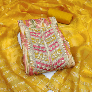 Yellow Floral Digital Printed Shimmer Silk Dress Material With Elegant Embroidery & Gota Patti Work