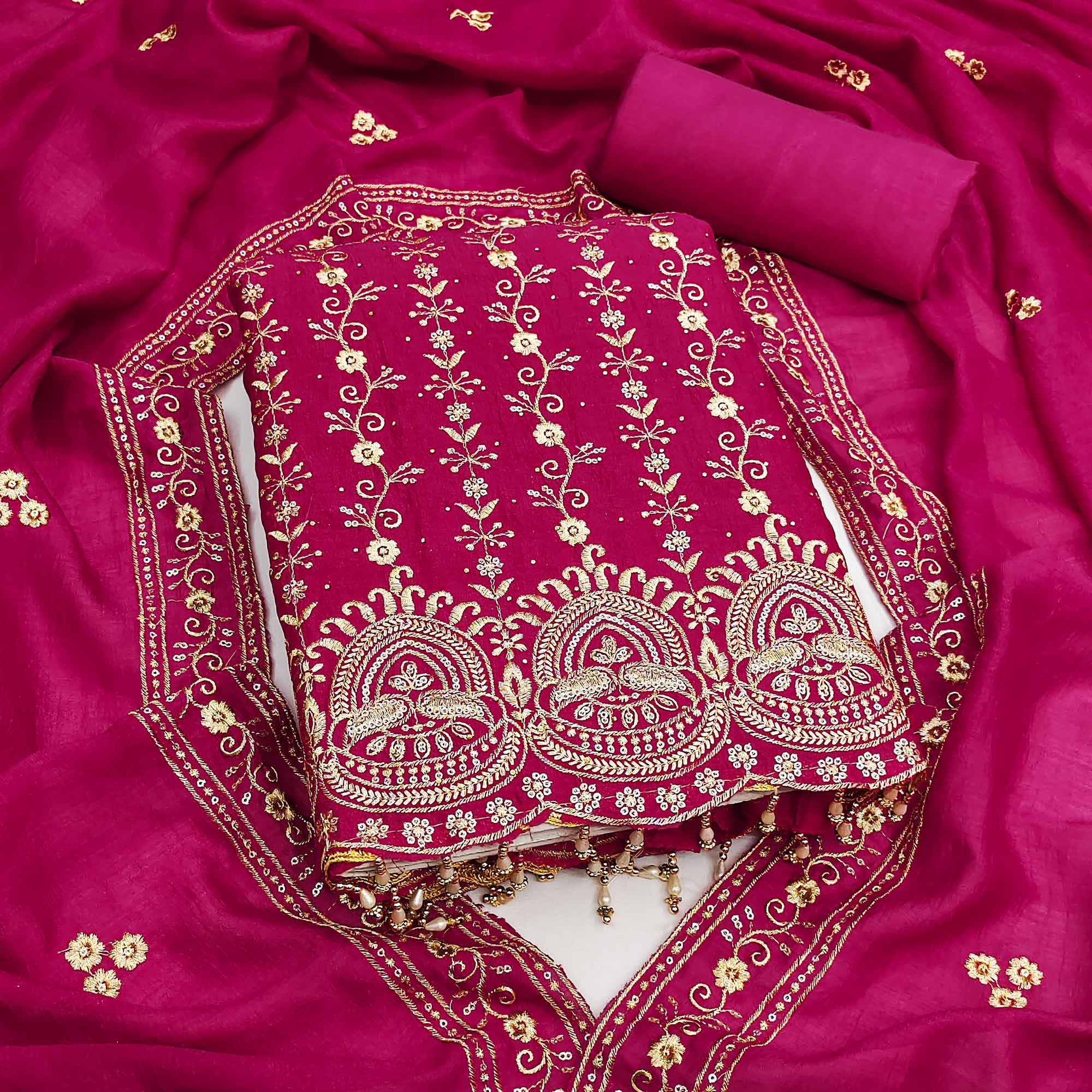 Rani Pink Floral Vichitra Silk Dress Material Adorned With Floral Embroidery & Swarovski Work