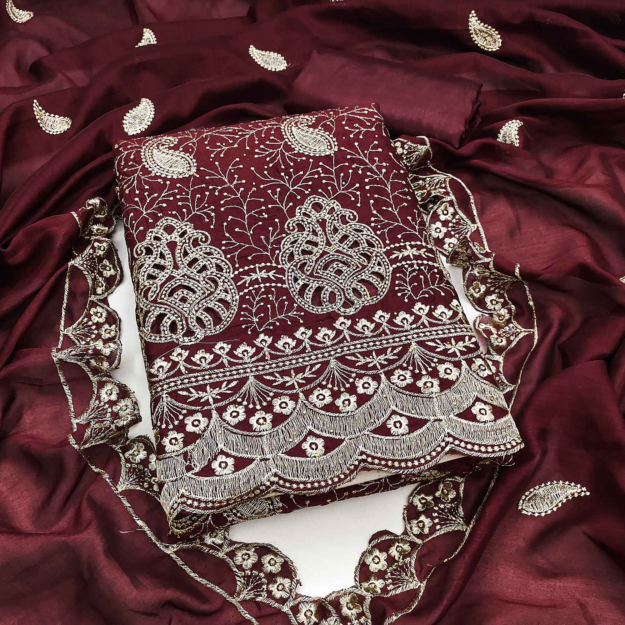 Maroon Vichitra Silk Dress Material Showcasing Paisley & Floral Embroidery With Swarovski