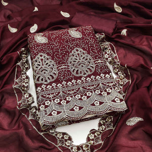 Maroon Vichitra Silk Dress Material Showcasing Paisley & Floral Embroidery With Swarovski