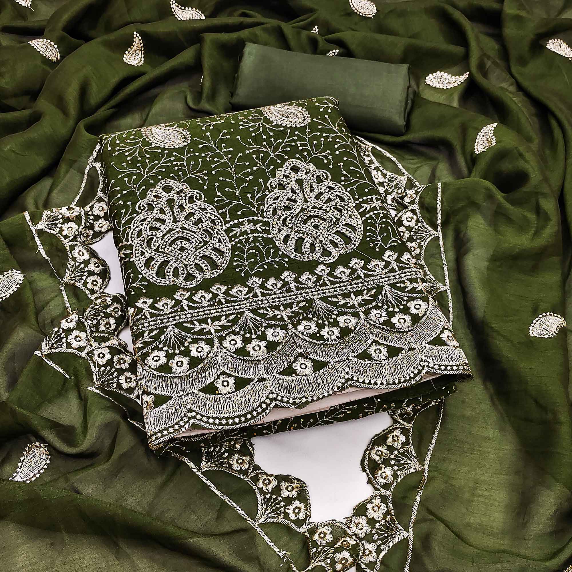 Mehendi Green Vichitra Silk Dress Material Showcasing Paisley & Floral Embroidery With Swarovski
