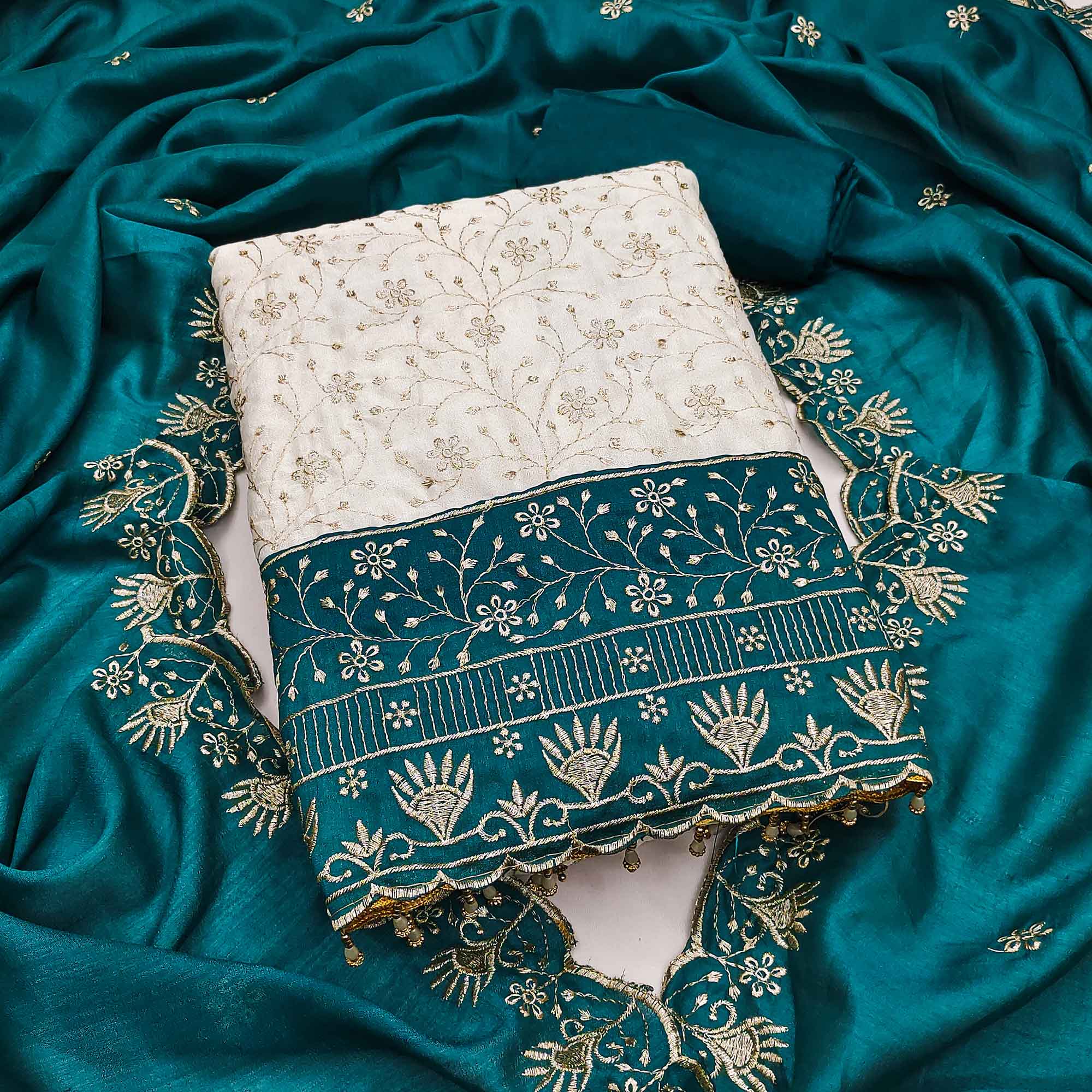 Chic OffWhite & Rama Blue Vichitra Silk Dress Material Adorned With Floral Embroidery