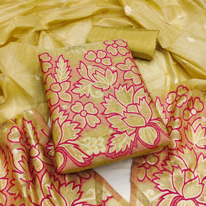 Graceful Chikoo Jamdani Art Silk Dress Material Adorned With Intricate Floral Weaving Work