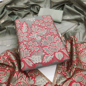 Graceful Grey Jamdani Art Silk Dress Material Adorned With Intricate Floral Weaving Work