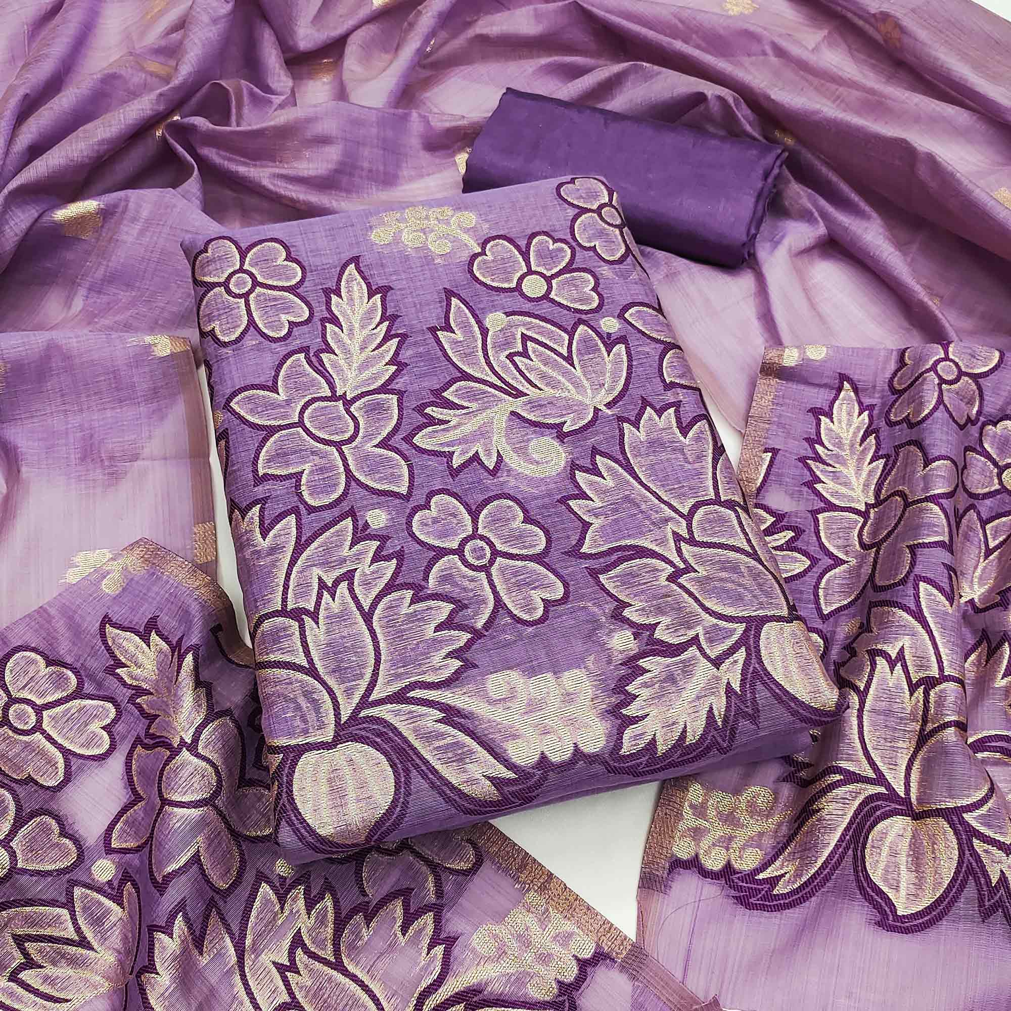 Graceful Lavender Jamdani Art Silk Dress Material Adorned With Intricate Floral Weaving Work