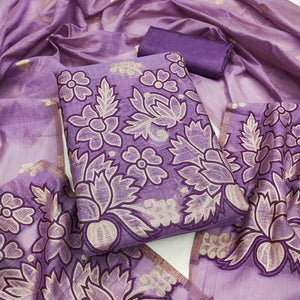 Graceful Lavender Jamdani Art Silk Dress Material Adorned With Intricate Floral Weaving Work