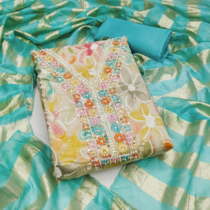 Vibrant Turquoise Floral Printed Roman Art Silk Dress Material Adorned With Beads & Sequins