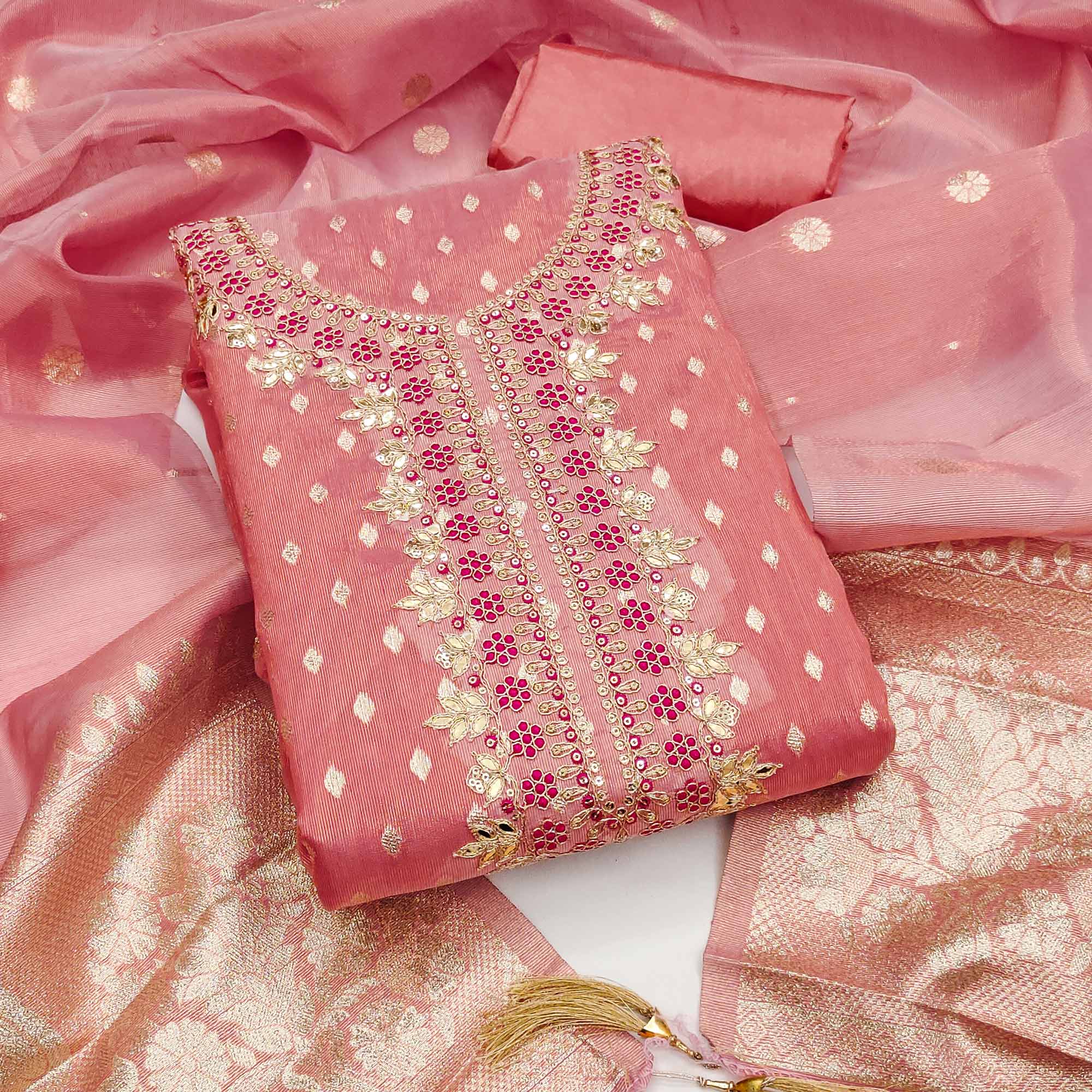 Radiant Peach Jacquard Butti Shimmer Silk Dress Material With Elegant Cording Sequins Embroidery