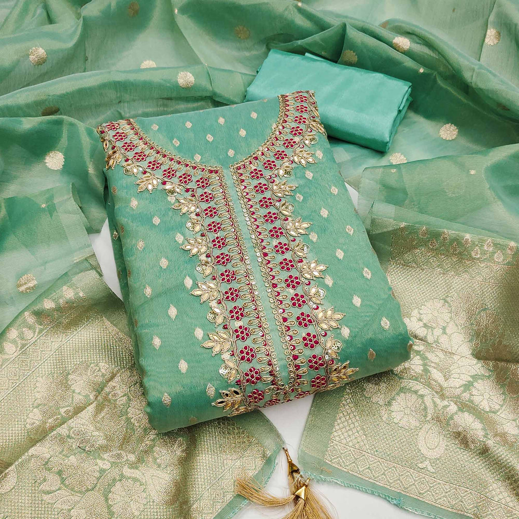 Radiant Turquoise Jacquard Butti Shimmer Silk Dress Material With Eleg