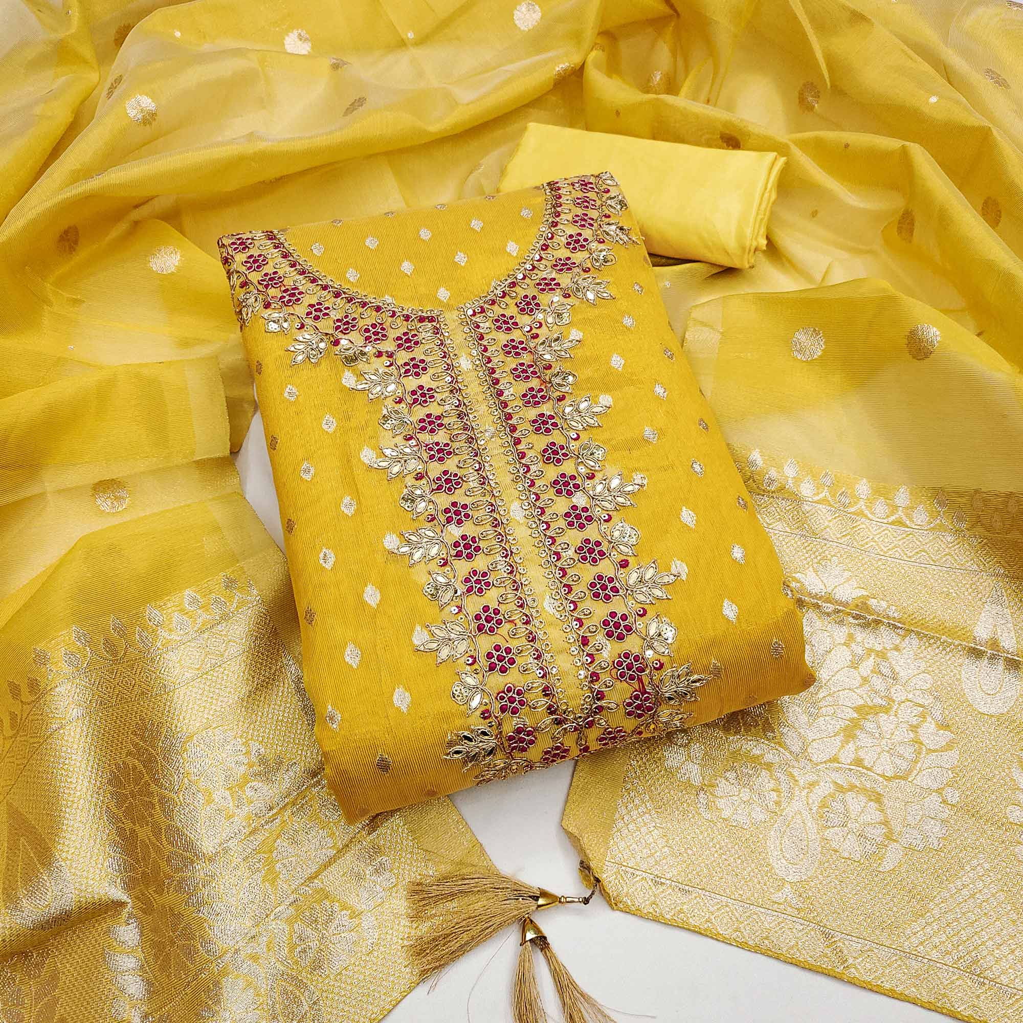 Radiant Yellow Jacquard Butti Shimmer Silk Dress Material With Elegant Cording Sequins Embroidery