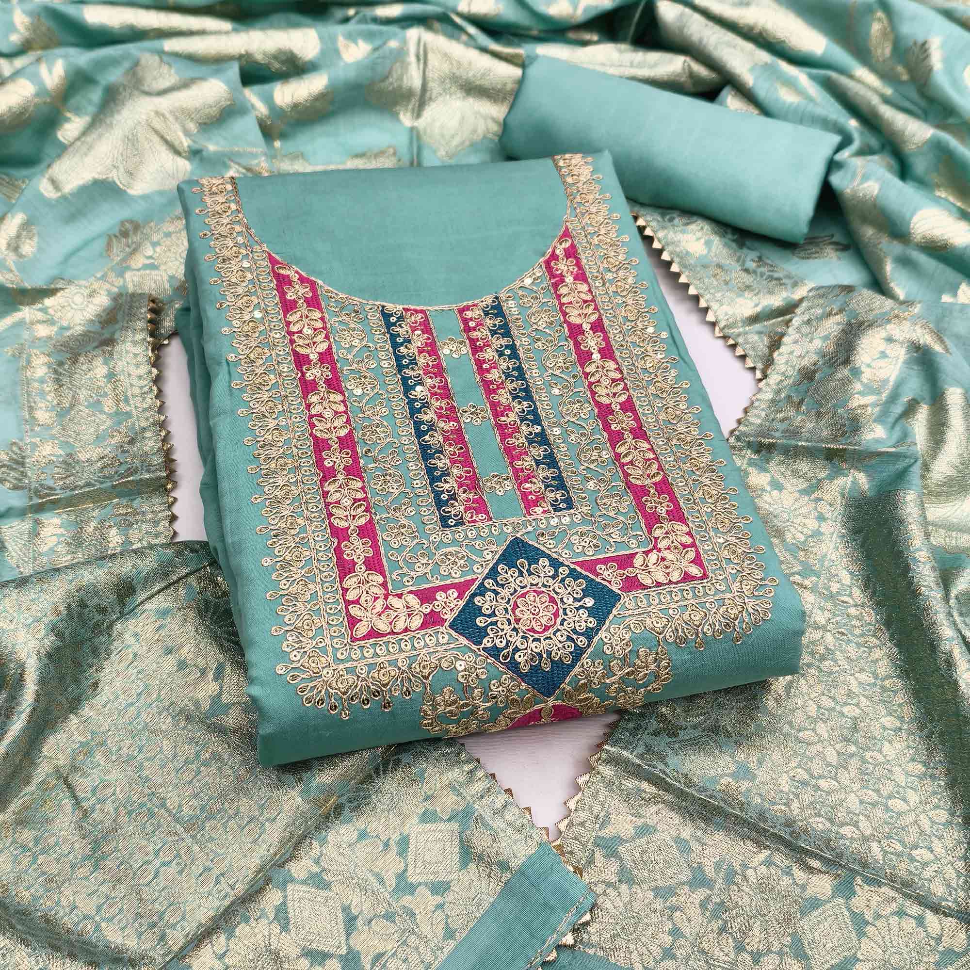 Elegant Blue Art Silk Dress Material Adorned With Floral Cording & Sequins Embroidery