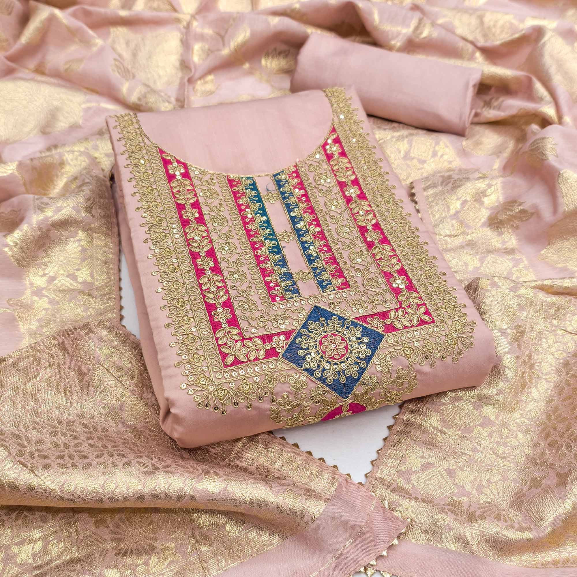 Elegant Peach Art Silk Dress Material Adorned With Floral Cording & Sequins Embroidery