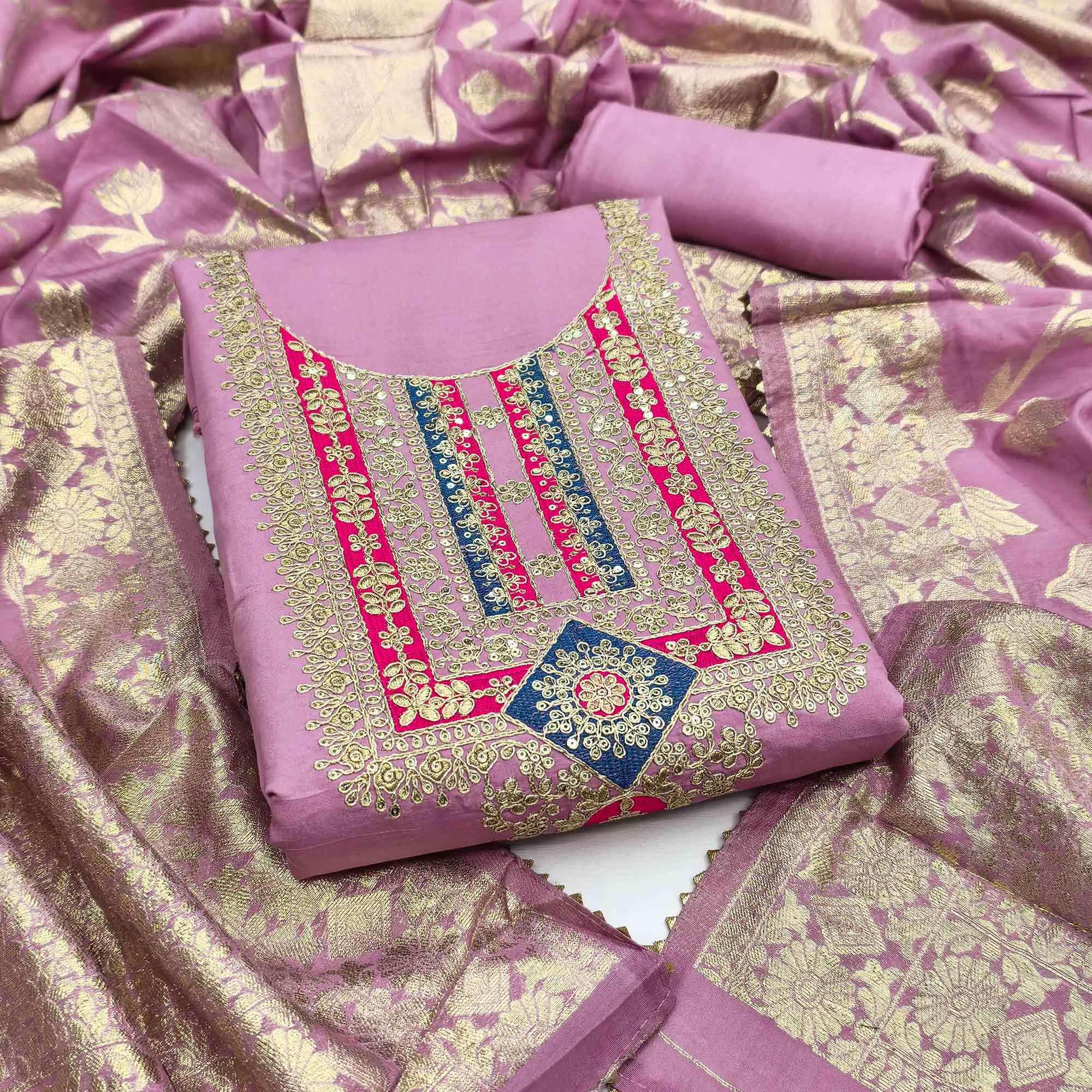 Elegant Pink Art Silk Dress Material Adorned With Floral Cording & Sequins Embroidery