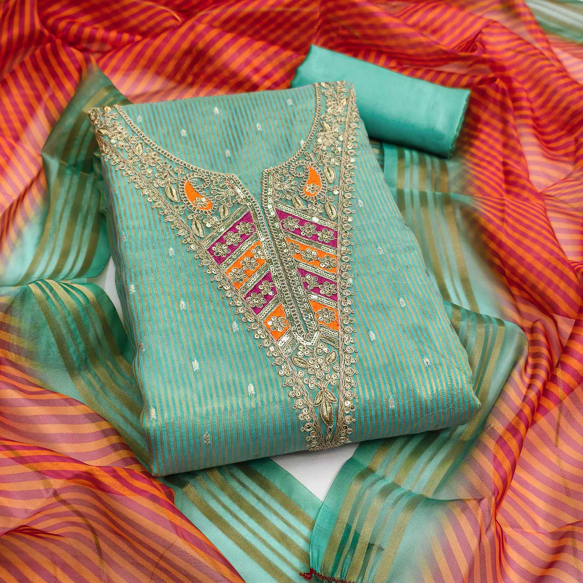Premium Turquoise Shimmer Dress Material With Detailed Butti Weaving & Cording Embroidery