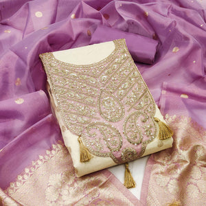 Cream & Lavender Butti Weaving Shimmer Silk Dress Material Accented With Sequins Cording Embroidery
