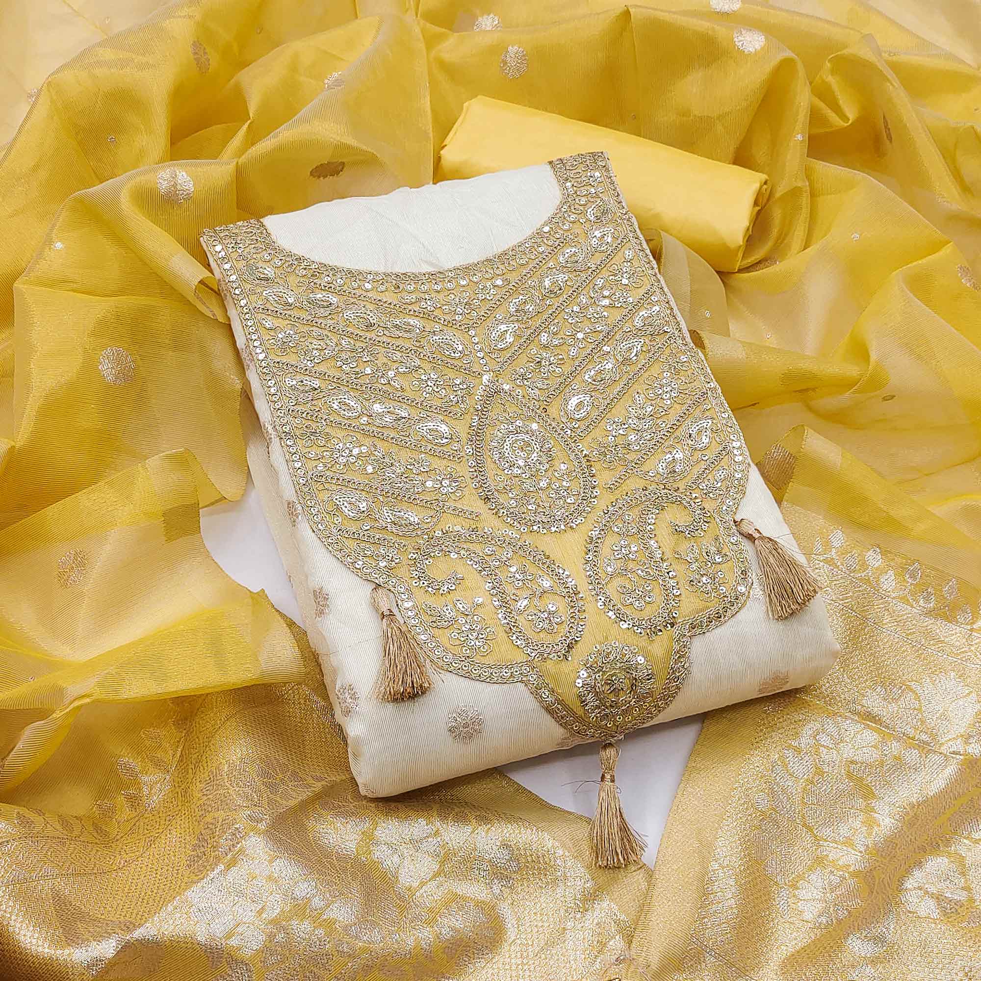 Cream & Yellow Butti Weaving Shimmer Silk Dress Material Accented With Sequins Cording Embroidery
