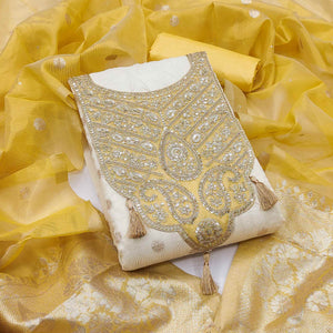 Cream & Yellow Butti Weaving Shimmer Silk Dress Material Accented With Sequins Cording Embroidery