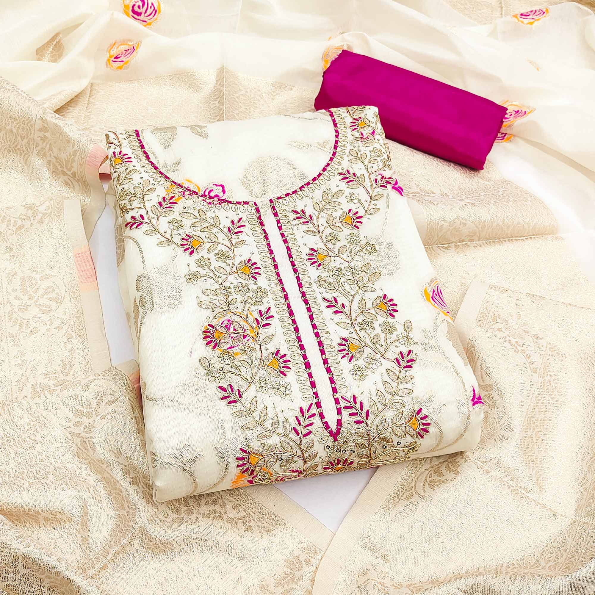 Elegant Cream Floral Meenakari Jacquard Weaving Dress Material With Sequins Cording Embroidery