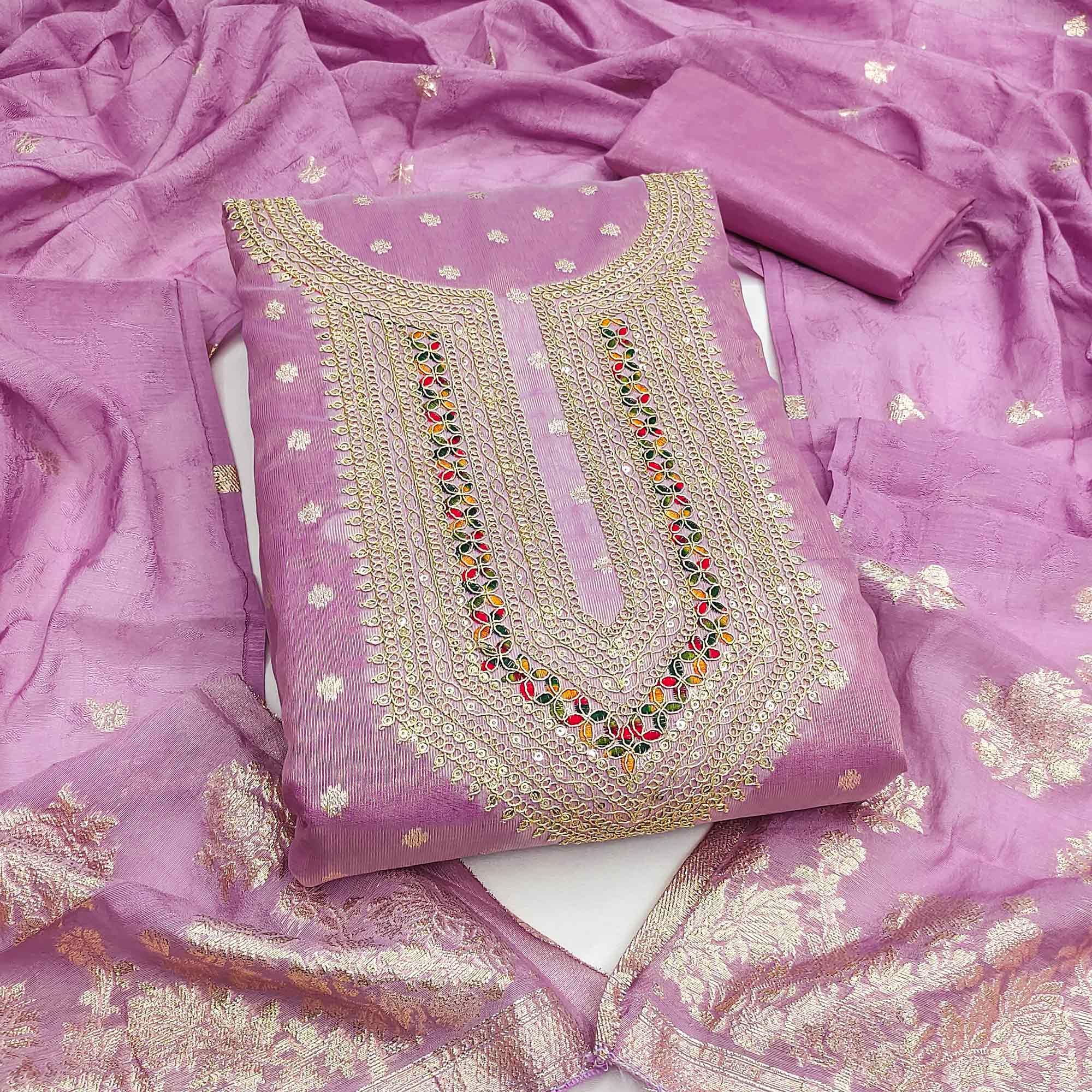 Exclusive Lavender Floral Butti Weaving Shimmer Silk Dress Material With Cording Sequins Embroidery