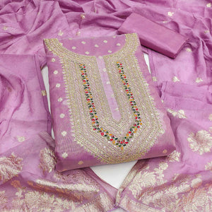 Exclusive Lavender Floral Butti Weaving Shimmer Silk Dress Material With Cording Sequins Embroidery