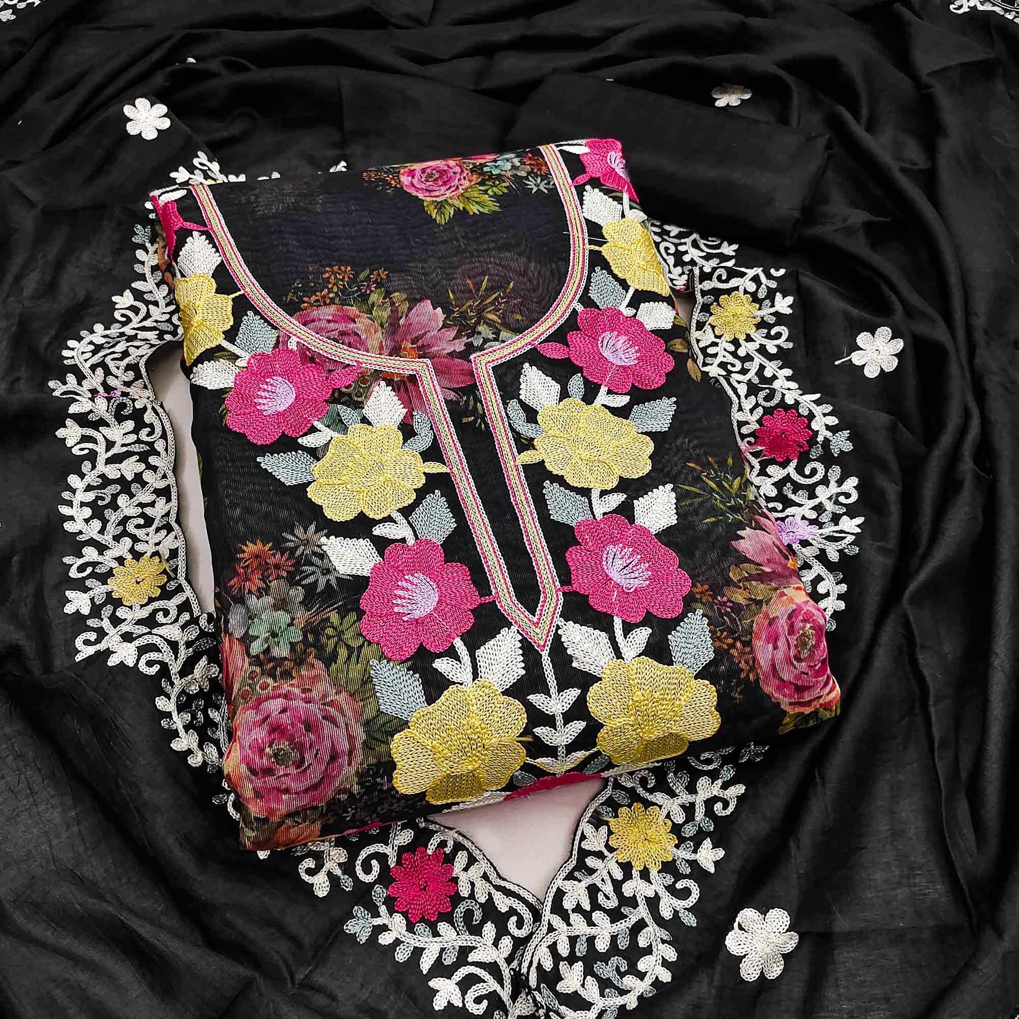 Designer Black Floral Digital Printed Shimmer Silk Dress Material Featuring Embroidery Work