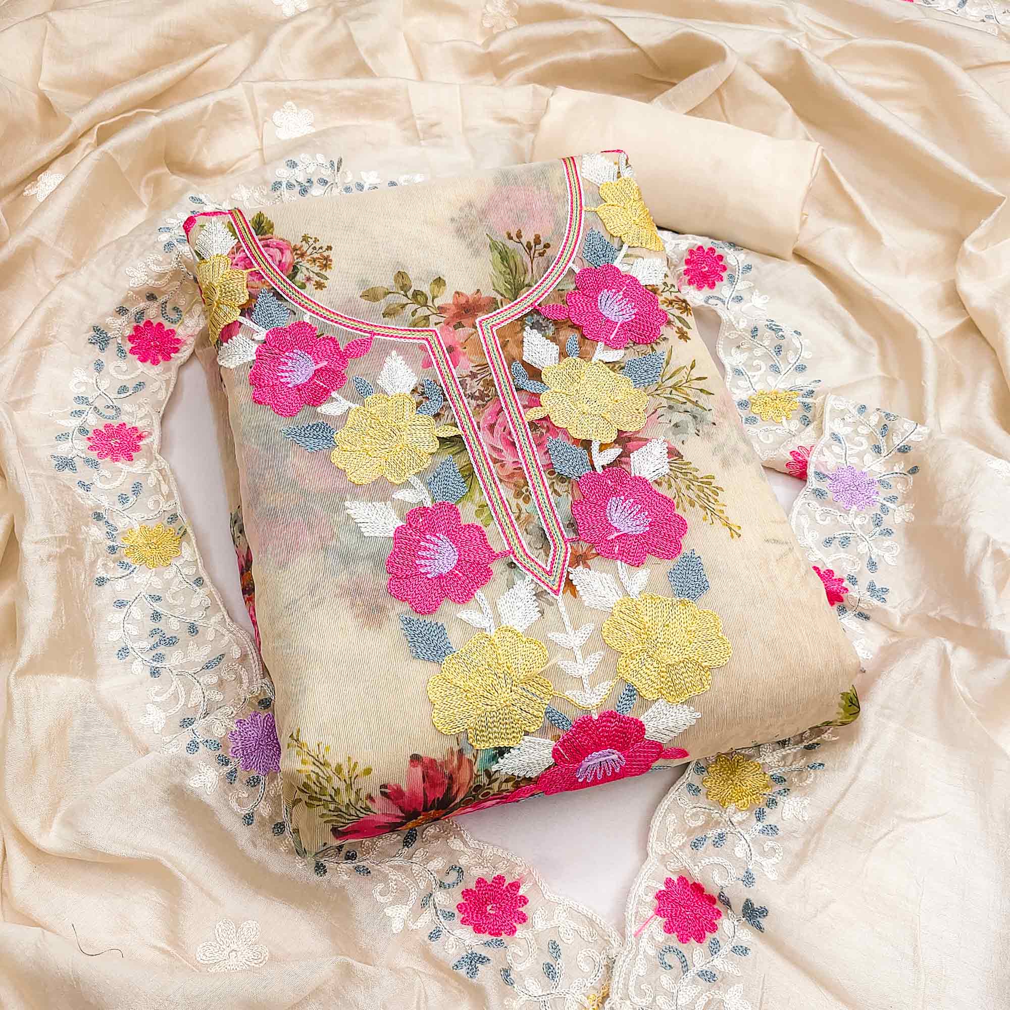 Designer Cream Floral Digital Printed Shimmer Silk Dress Material Featuring Embroidery Work