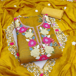 Designer Mustard Floral Digital Printed Shimmer Silk Dress Material Featuring Embroidery Work